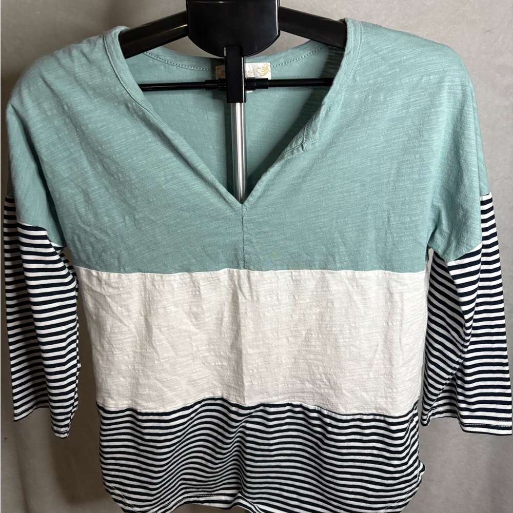 Suzanne Betro Teal and White Striped Long Sleeve Top